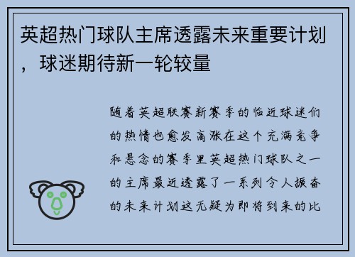 英超热门球队主席透露未来重要计划，球迷期待新一轮较量