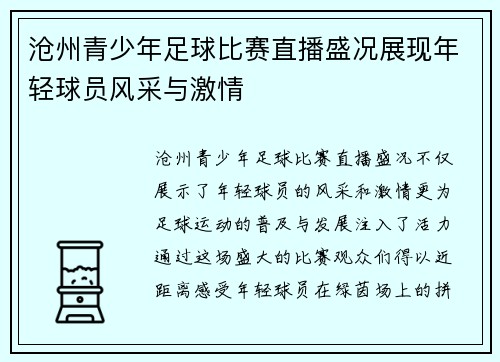 沧州青少年足球比赛直播盛况展现年轻球员风采与激情